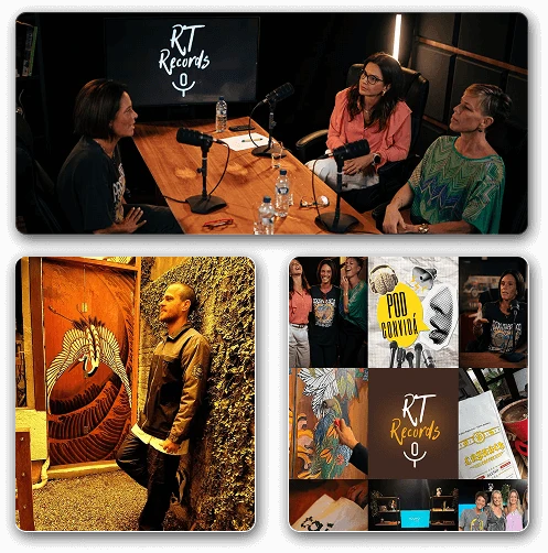 Mulheres em mesa de podcast, homem encostado na parede e imagens de feed de instagram